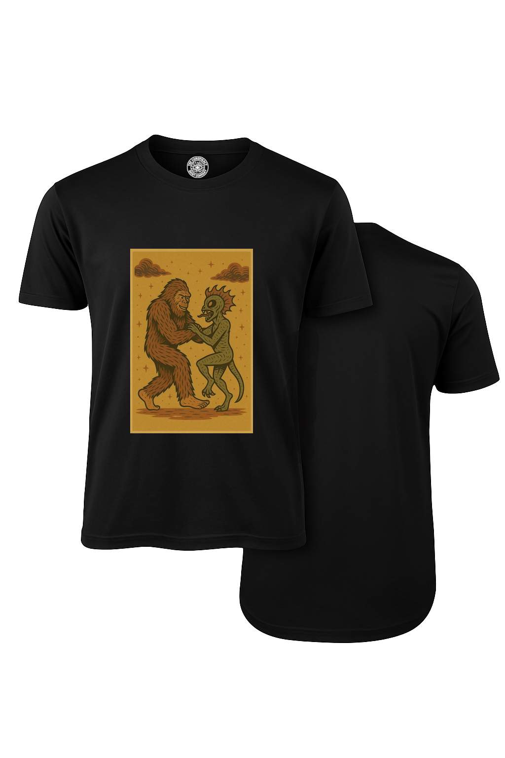 Bigfoot Salsa Dancing with the Chupacabra – Cryptid Dance Floor T-Shirt (Black)